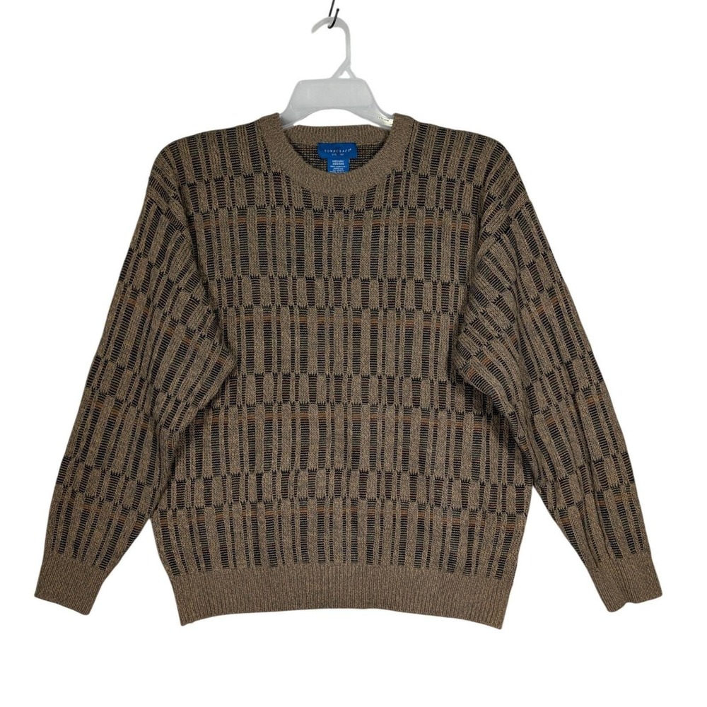 Towncraft Geometric Knit Sweater‎ Medium Vintage Brown Crewneck Retro Pullover